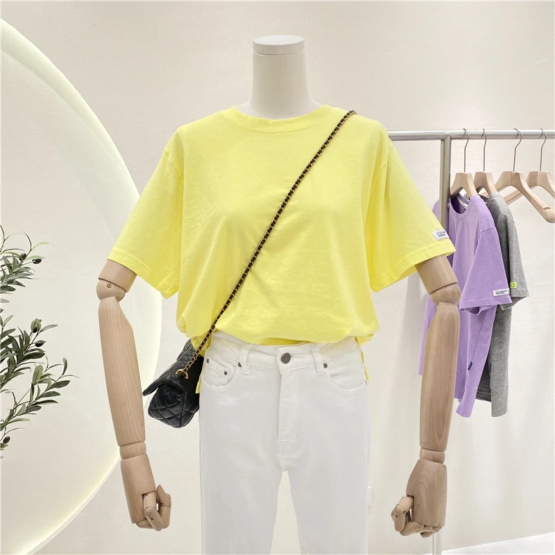 

Solid Color Round Neck Short Sleeves Loose T-shirt Students 2021 Summer New Loose All-Match Epaulet Casual Cotton Tees Ladies
