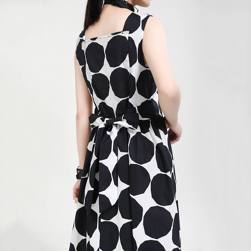 

CHICEVER Dot Dress For Women O Neck Sleeveless High Waist Hit Color Loose Oversize Mid Dresses Female 2020 Summer Clothes