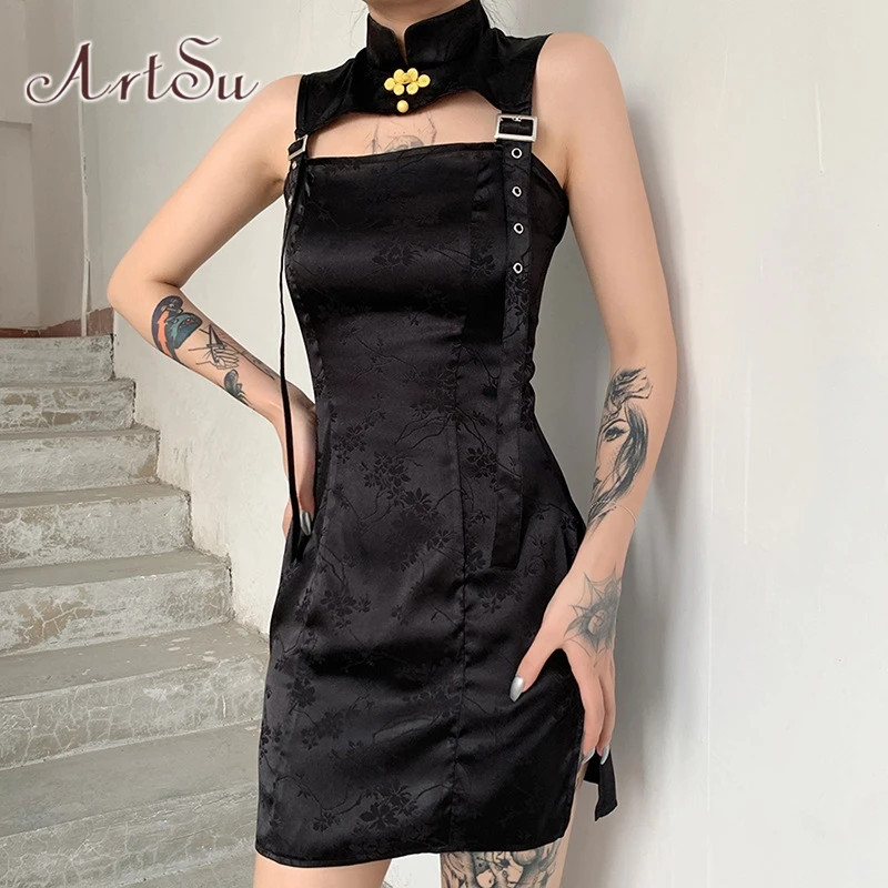 Женское атласное платье карандаш ArtSu желтое без рукавов с воротником стойкой и