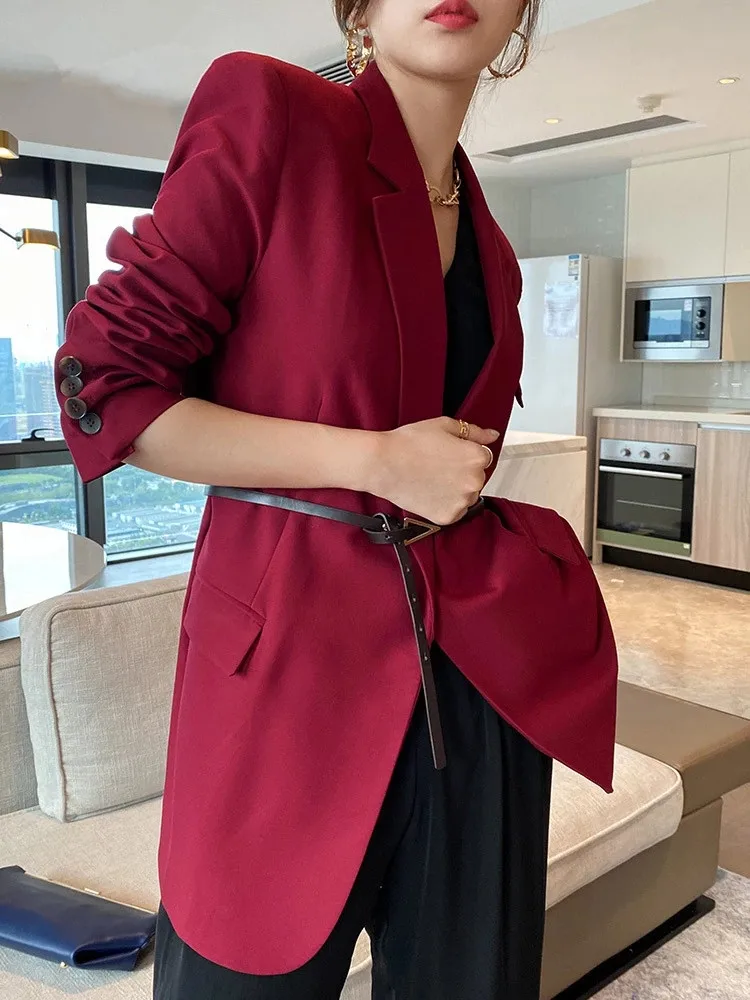 

Красный Блейзер для женщин Женский офисный жакет осень 2021 пальто офисные женские туфли Топы зубчатый весенне-осенняя одежда; Новые модные о...