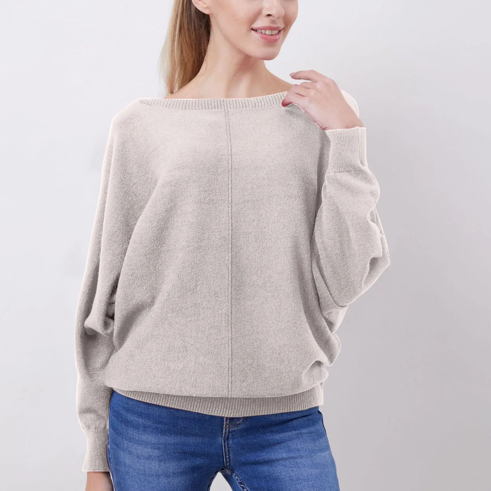 

Autumn Winter Bat-sleeved Knitted Sweater Women's Fashion One-neck Long-sleeved Solid Sweater Pullover Oversized Sweater Jumper