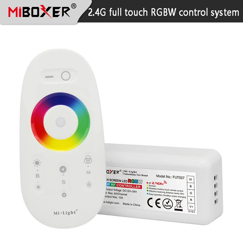 

Miboxer FUT027 2.4GHz Touch RGBW LED Strip Controller DC12-24A 18A RF Remote Control for LED Strip/Bulb/Downlight Wireless