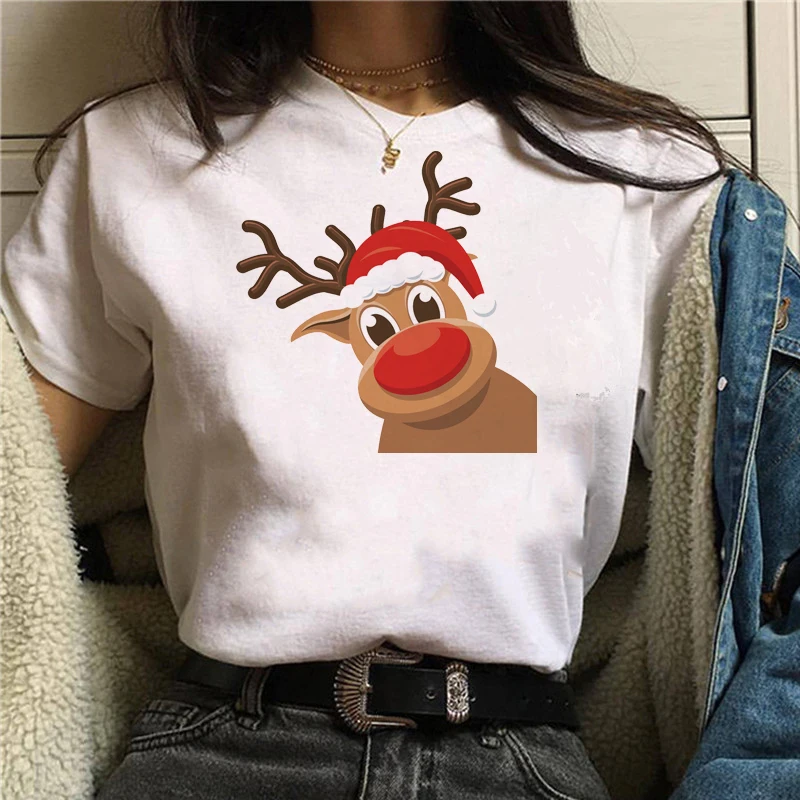 

New Women T Shirt Kawaii Deer Printed Christmas Shirts Harajuku T-shirt White Suitable All Seasons Tshirt Tops Clothing