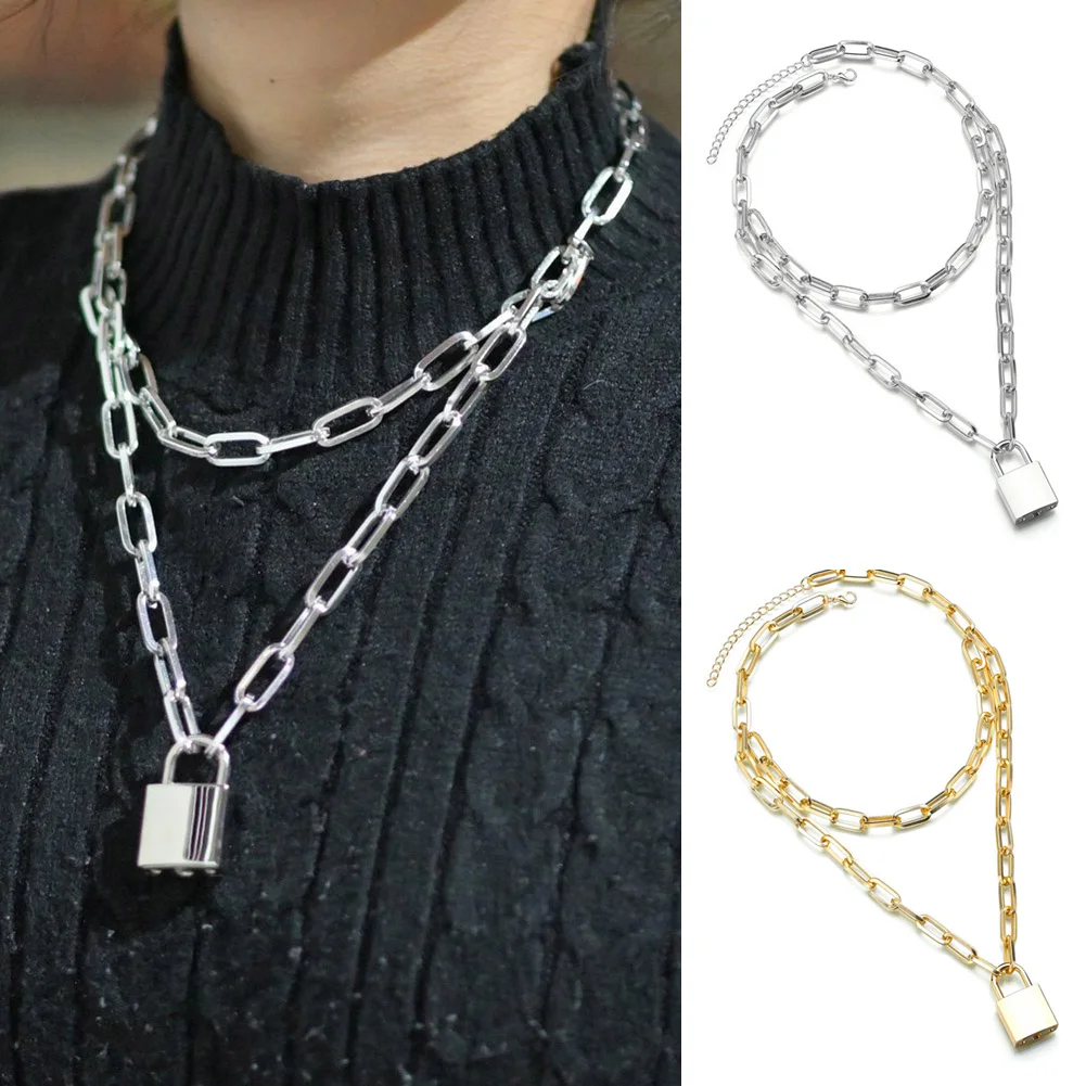 Винтажное Двухслойное ожерелье цепочка с замком в стиле панк 90 s металлическим