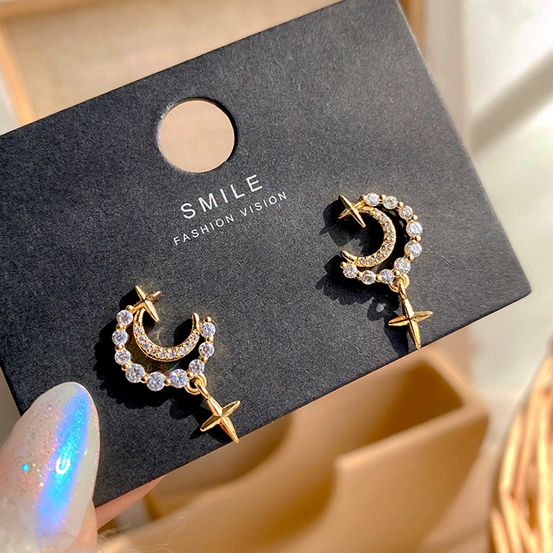 

New Trendy 14K Real Gold Plated Awn Star Moon Drop Earrings for Women Girl Jewelry AAA Zircon S925 Silver Needle Party Fine Gift