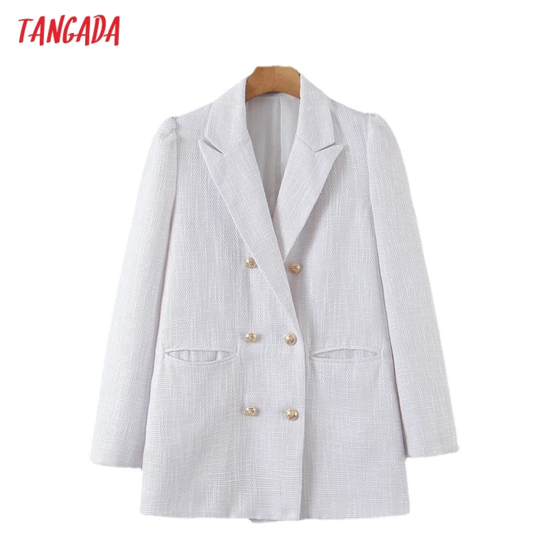

Tangada Women Vintage White Tweed Blazer Female Long Sleeve Elegant Jacket Ladies Work Wear Blazer Formal Suits 8H151