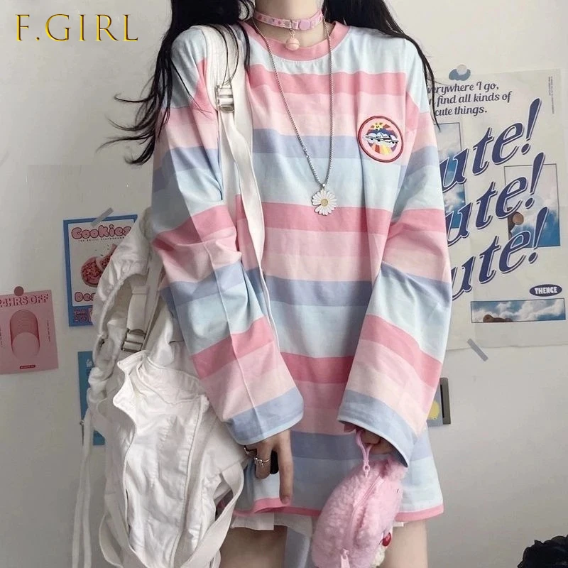

Striped T-shirts Women Rainbow Japanese Style Kawaii Pink Loose Leisure BF Harajuku College Students Female Top Lady Comfortable