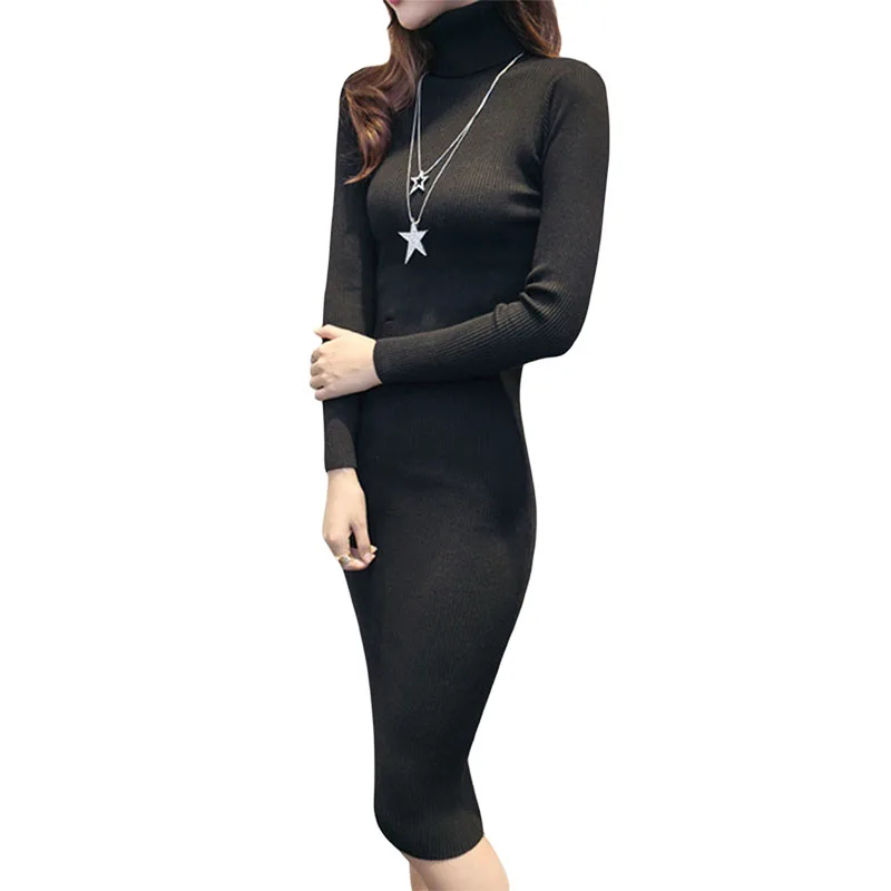 

Black Turtleneck Ribbed Knit Bodycon Dress Women Autumn Winter Solid Long Sleeve Office Ladies Form Fitted Pencil Long Dresses