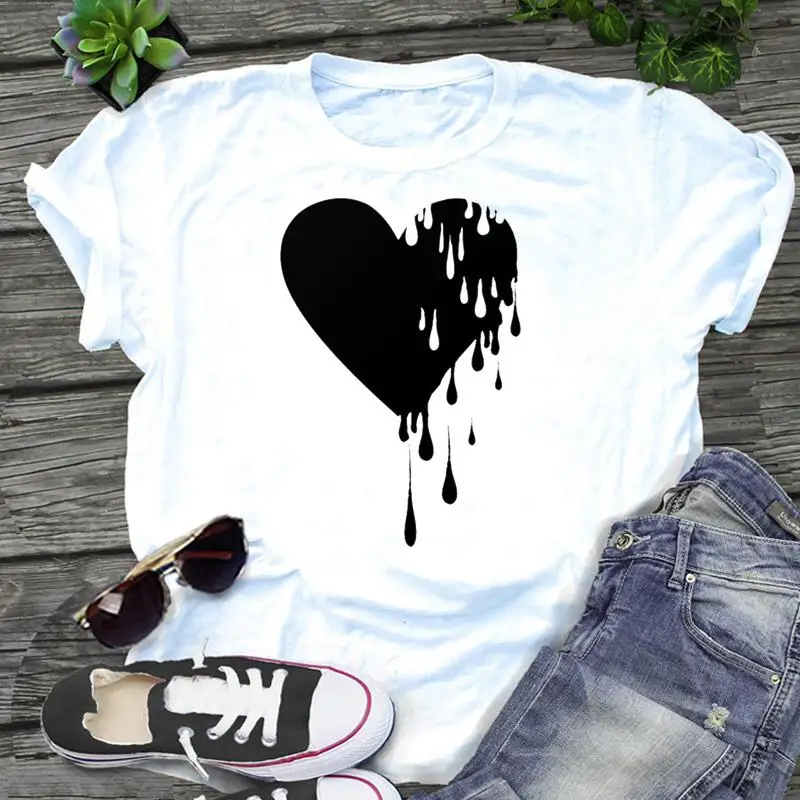 

Women 90s Style Love Heart Printing 2021 Graphic Fashion Cartoon Print Kawaii Regular Female Tops Tees Clothes Tshirt T-Shirt