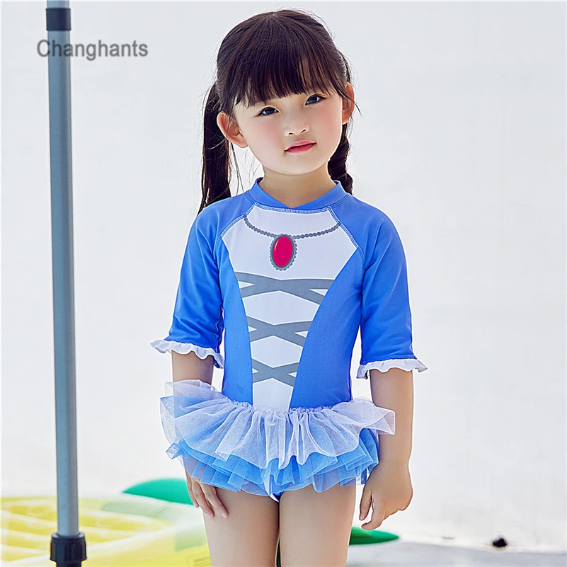 Новые модели детский купальник Цельный для девочек голубой розовый длинный