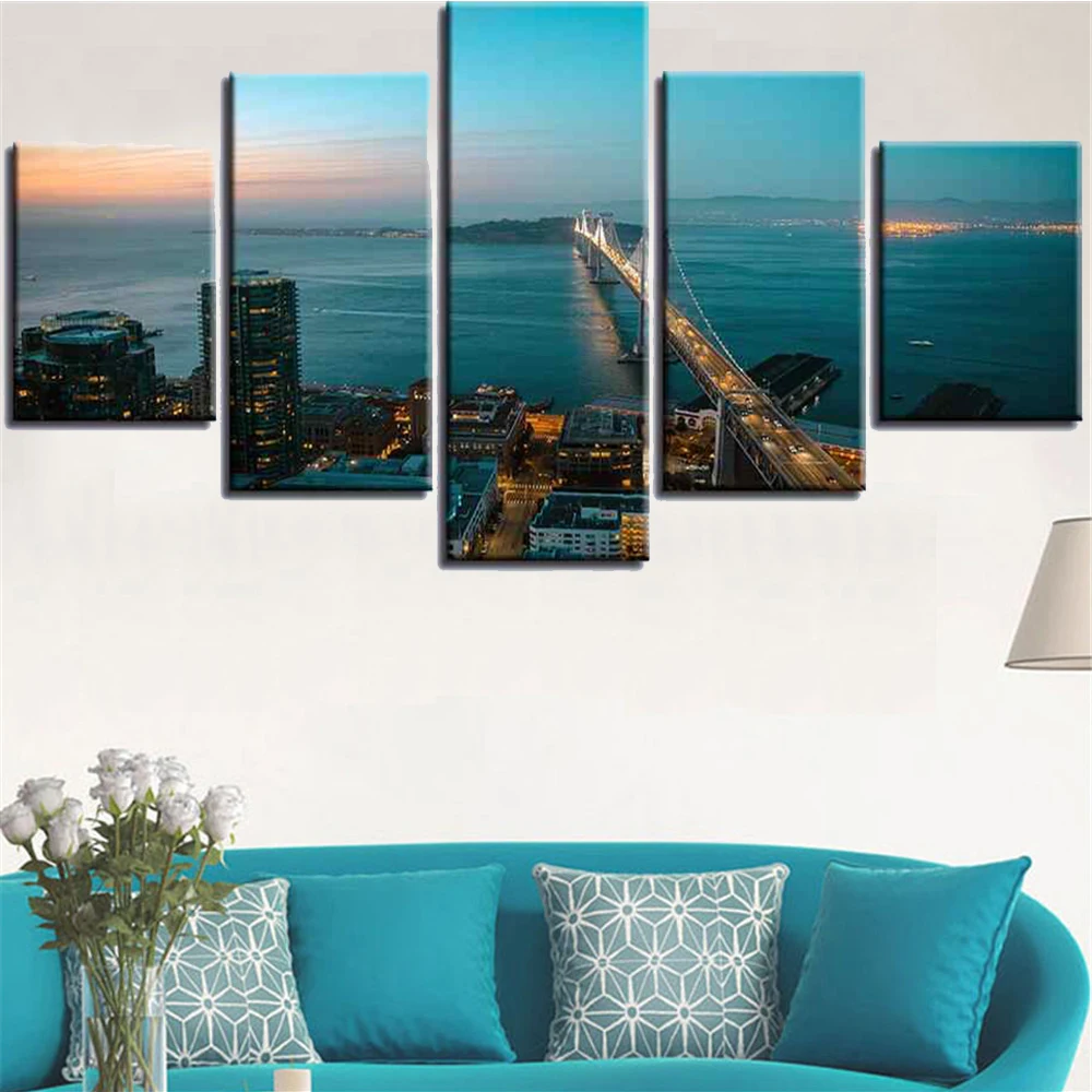 

5 Pieces Wall Art Canvas Painting Seascape Poster City Landscape Modern Living Room Home Decoration Modular Pictures Framework