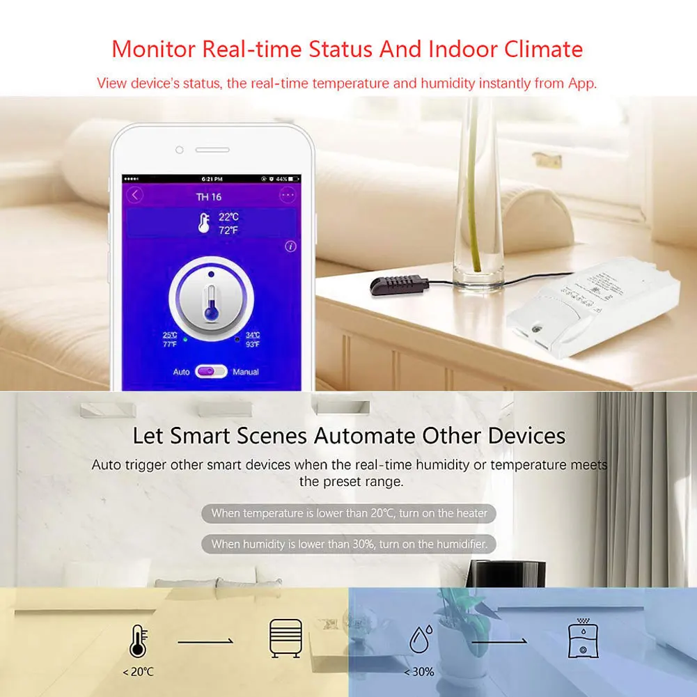 

TH16 Smart WiFi Sensor Use With Google Assistant Remote Controller ABS Durable Temperature Humidity Switch For DIY Home Use