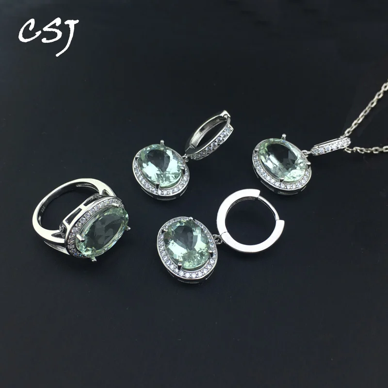 Набор ювелирных изделий CSJ из серебра 925 пробы с натуральным зеленым аметистом