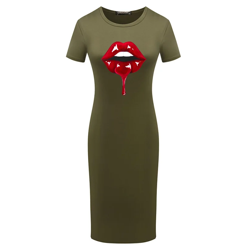 

Vintage Women Bodycon Dress Slim Sexy Lips Print Short Sleeve Pencil Summer Dresses Casual Clothes Elegant Party Vestidos Robe