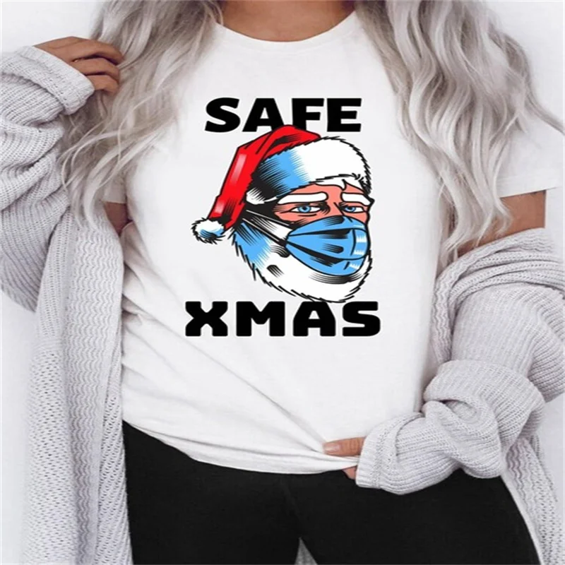 

Happy New Year Santa Claus safe xmax Tops Tee Funny Friends Christmas Women T-Shirt Hot Holiday Party Funny Elf Graphic Printed