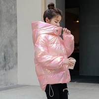 new korean loose fashion bright thickened down parka pink yellow white bread coat bat sleeved thick clothing