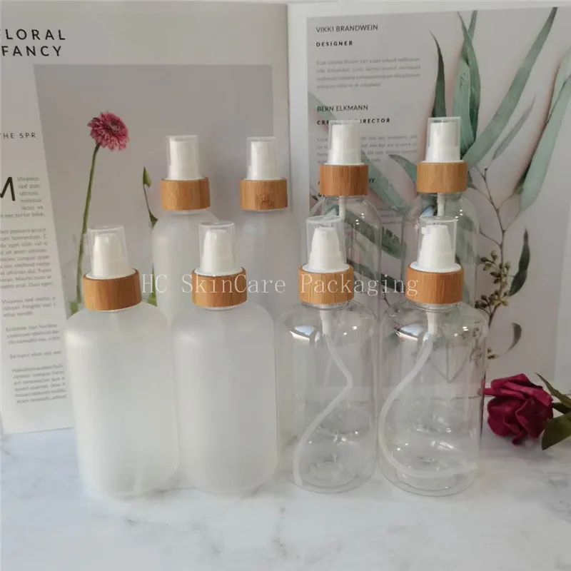 

wholesale cosmetic containers 250ml Empty frosted /clear plastic bottle with bamboo cap and plastic cream jar