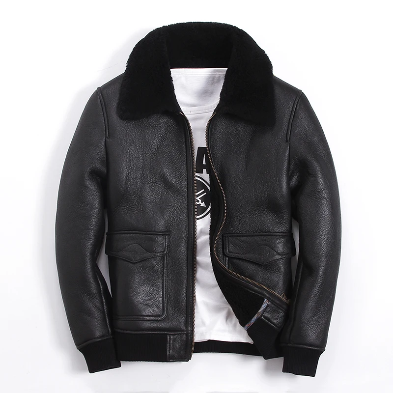 

AVIREX FLY Air Force Flight Jacket Man One Sheepskin Genuine Leather Coat Fur Collar Shearling Winter Clothing Male