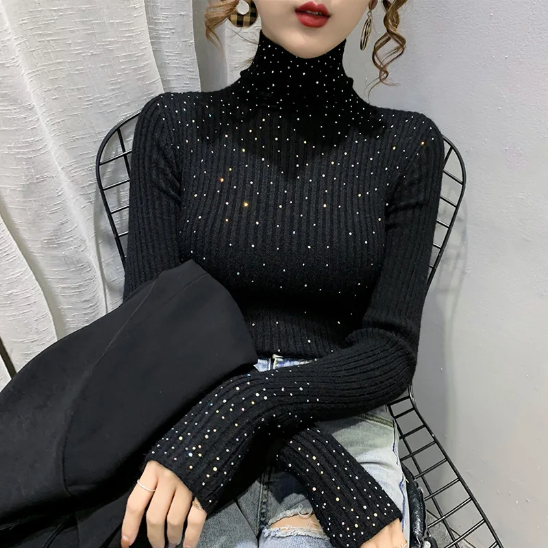 

Fdfklak Thick Diamond-Studded Sweater Women Knitted Bottoming Shirt With Autumn Winter Turtleneck Jumper Female Pull Femme