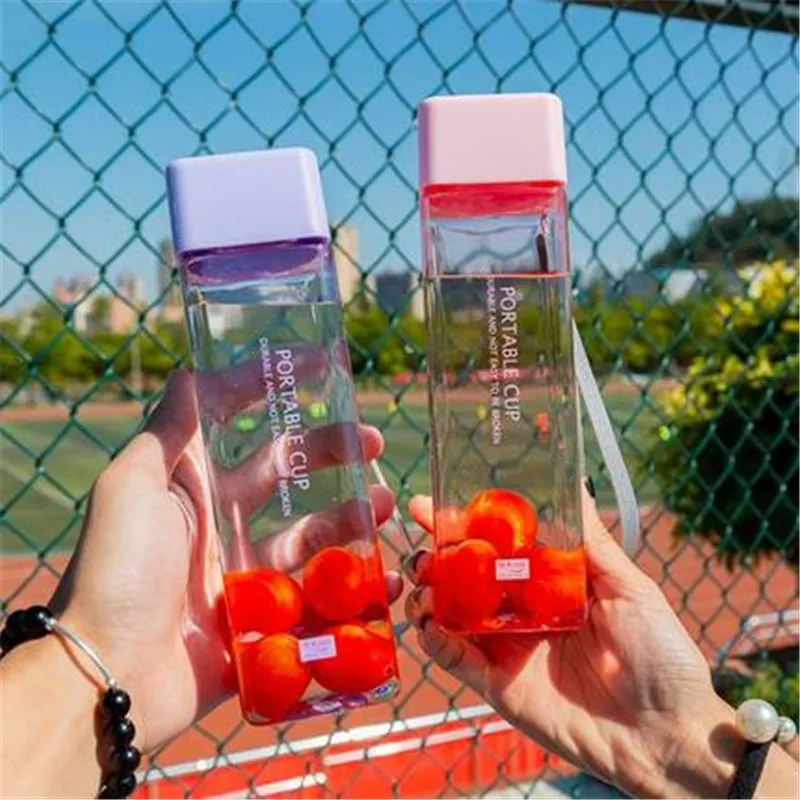 

New Square Frosted Plastic Water Bottle Portable Transparent Bottle Fruit Juice Leak-proof Outdoor Sport Travel Camping Bottle
