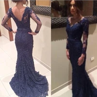 navy blue lace evening dress 2015 lace long sleeve v neck buttons back long mermaid sweep train prompartywedding guest gown