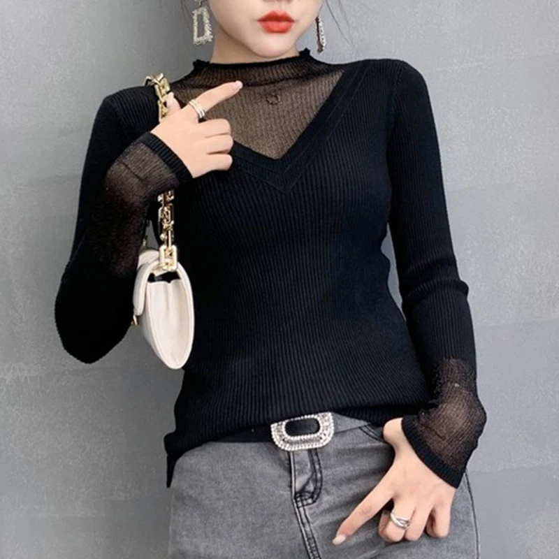 

2021 Autumn Sexy Mesh Knitted Sweater Women Casual Pullover Women Sweaters Long Sleeve Slim Winter Sweater Women Jumper 11244