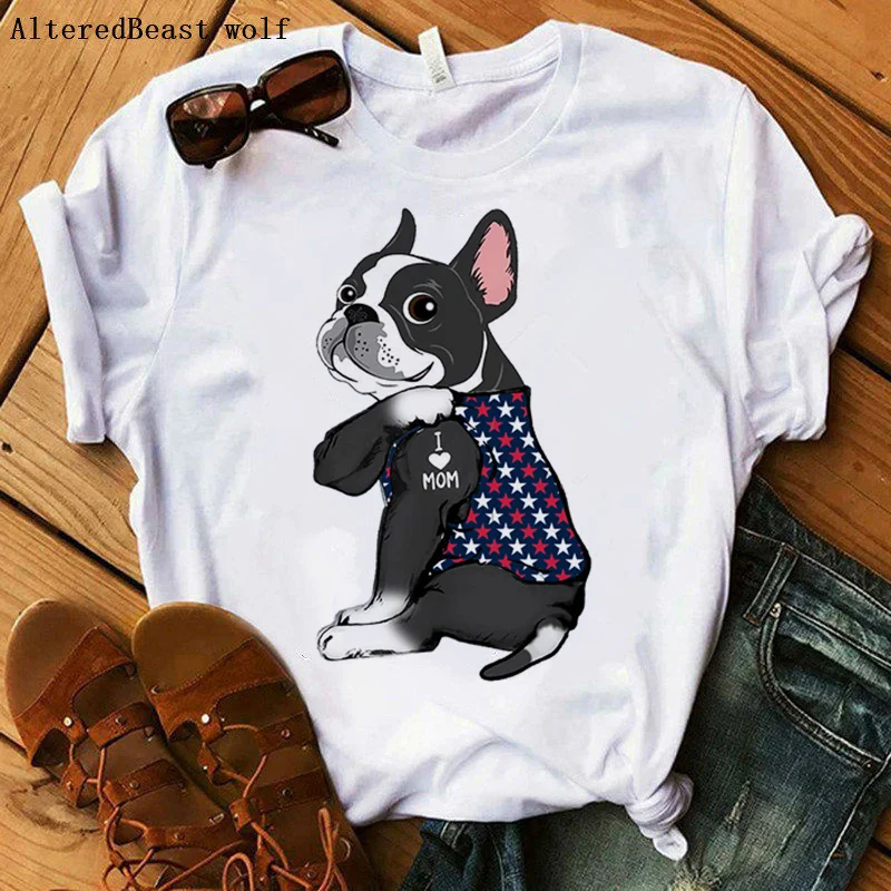 

2021Boston Terrier Mom Tshirt Women Harajuku I Love Mom American flag Print T-shirt Summer Short Sleeve Clothes T Shirt Female