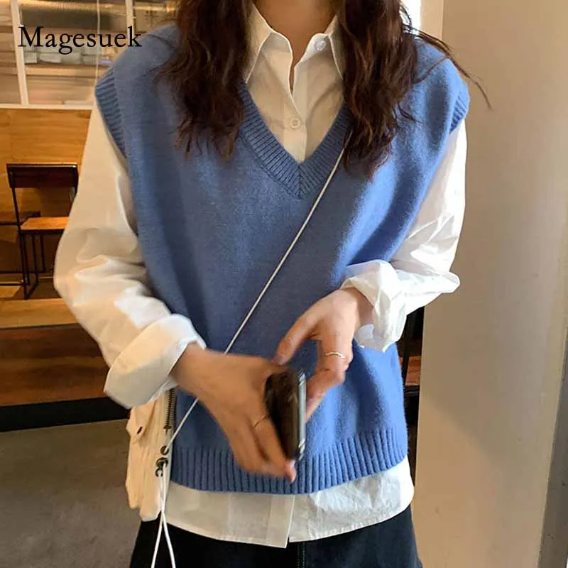 

V-neck Knitted Solid Color Sleeveless Vest Sweaters 2020 Autumn and Winter Korean Style Womens Pullovers Womens Knitwear 10896