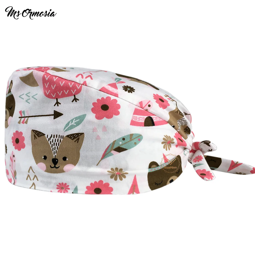 

Fashion cotton Cute fox Cartoon print hats adjustable Scrubs hats beauty salon working cap laboratory pet shop fashion scrub cap