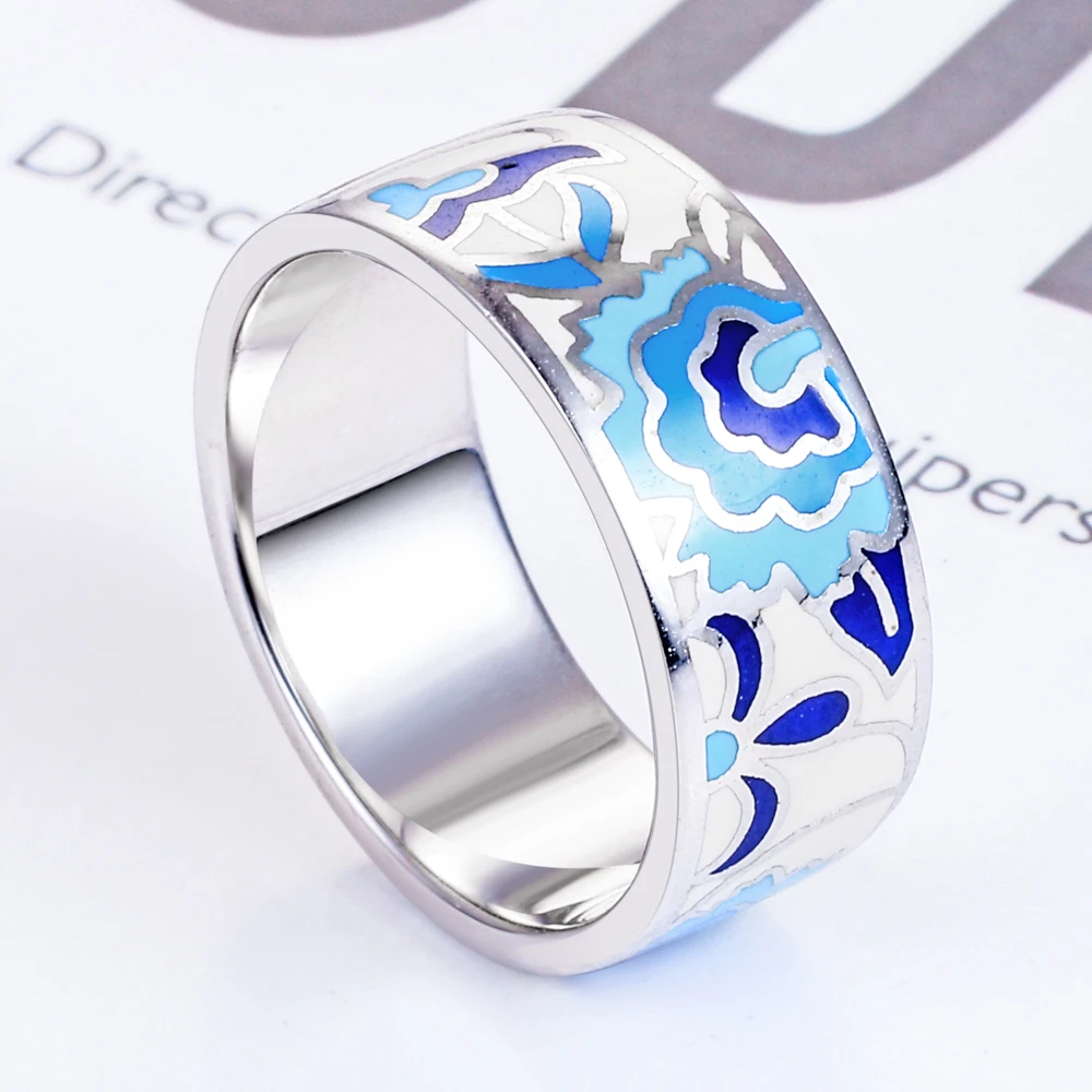 SJF эмалированные ювелирные изделия 7 6 мм широкие обручальные кольца синий цветок