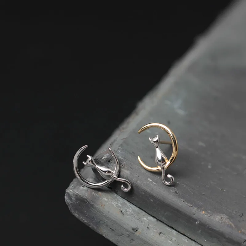 Серьги-гвоздики Flyleaf из стерлингового серебра 100% пробы в виде милой Луны и кота