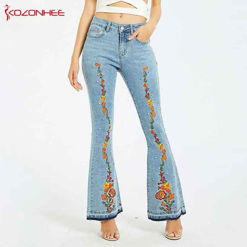 

Embroidery Embroidered Flares Jeans Women Elasticity Bell-Bottoms Stretching Women Jeans For Girls Large Size #94
