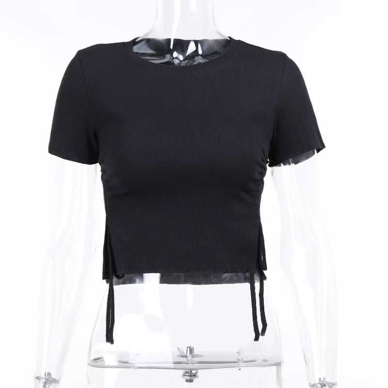 

2021 spring and summer solid color fashion sexy short-sleeved blouse women's all-match thread slit drawstring short-sleeved