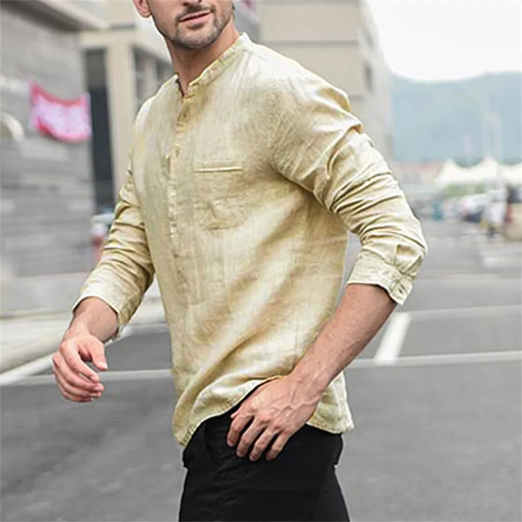 

Men Vintage Pure Color Button Linen Solid Long Sleeve Retro Causal Summer slim Shirts simplicity Tops Blouse m807