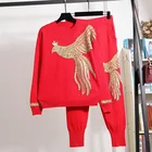 Женский трикотажный костюм Феникс, красный, белый, черный спортивный костюм с блестками, Свободный пуловер, свитер и штаны, Женский трикотажный костюм, 2 шт.