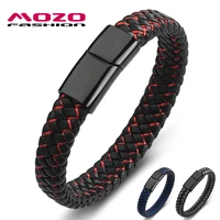 bracelets bangles mozo fashion new men black leather stainless steel unisex punk red charm jewelry gifts