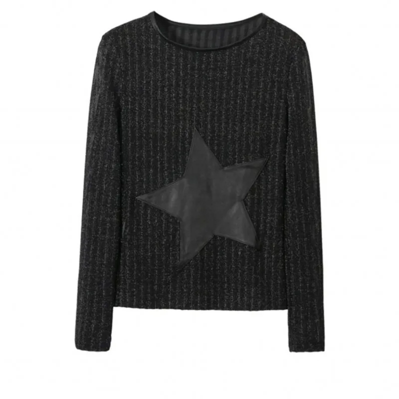 

Five-Pointed Star Pattern Black T-Shirts Women Round Neck Fit Sheepskin Spliced Female Long-Sleeve Pullover Tops Autumn Winter