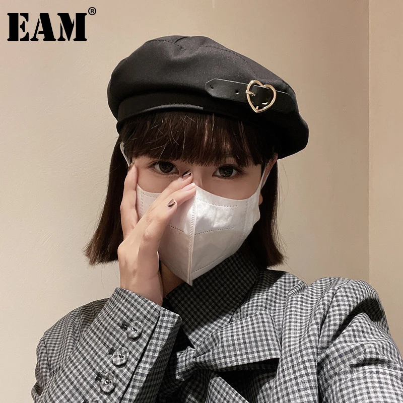 

[EAM] Women Black Pu Leather Buckle Berets Hat New Round Dome Temperament Fashion Tide All-match Spring Autumn 2021 1DE2158