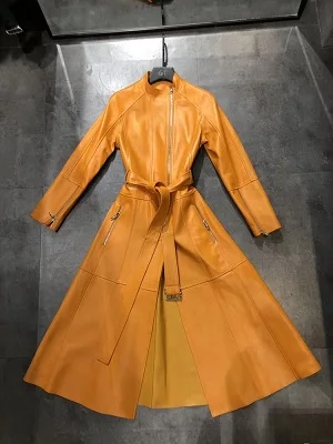 Yellow Пальто для женщин из натуральной кожи длинное пальто осенне-зимняя модная женская одежда кожаная куртка женская - Цвет: Yellow