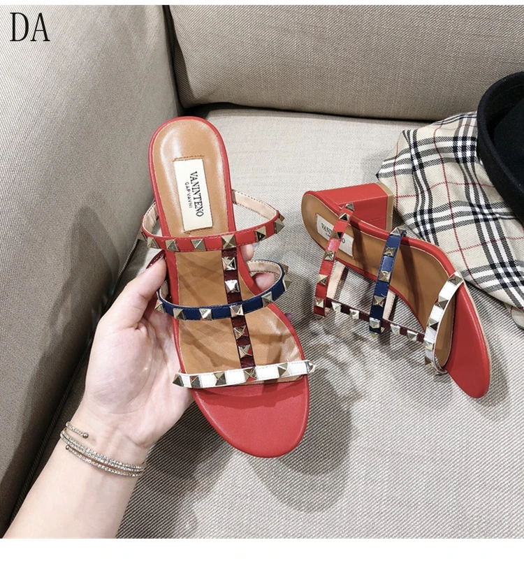 

V brand women's sandals Rivet high-heeled 2020 summer new one-word buckle sexy wild fashion thick heel women's shoes 35-42