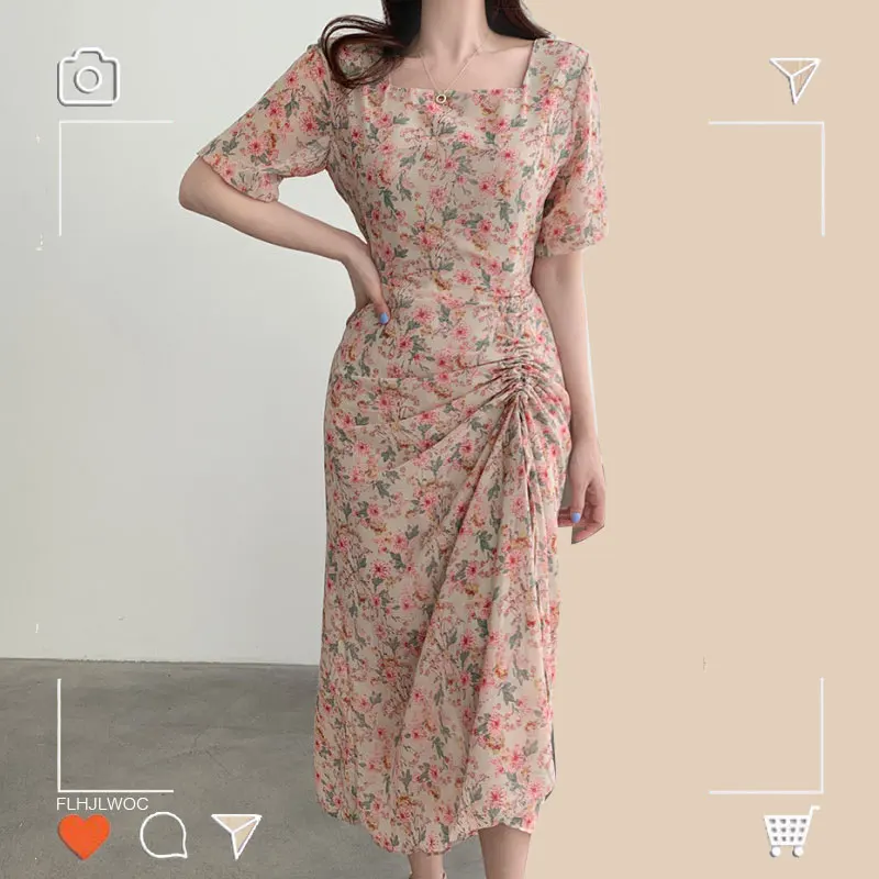 

Женское длинное шифоновое платье, длинное драпированное платье с цветочным принтом в Корейском стиле, модель 521