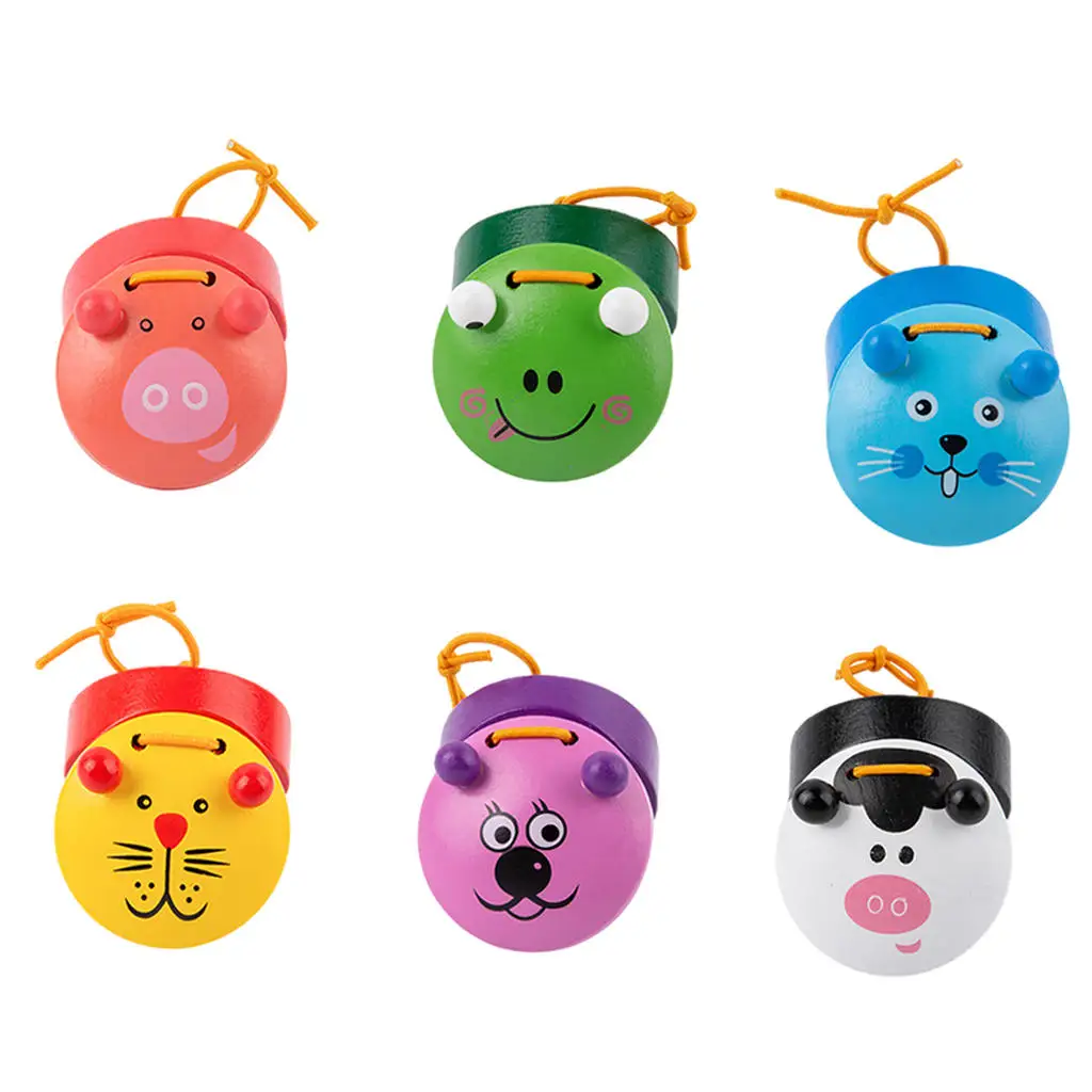 

6x Cartoon Wood Castanets Musical Development Percussion Toys Rhythm Early Education Preschool for Baby Children Kids Boys Girls