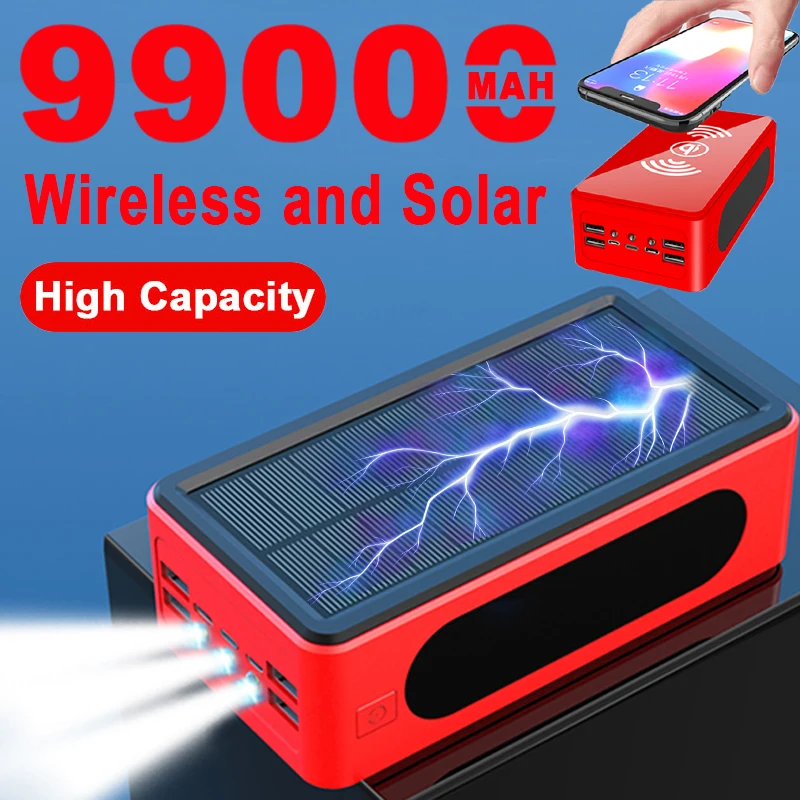 

99000mAh Wireless Solar Power Bank Portable Charger Large Capacity 4USB LEDLight Outdoor Fast Charging for Samsung Xiaomi Iphone
