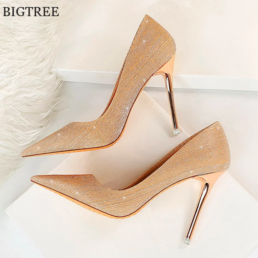 

BIGTREE Shoes Shining Sequined Cloth Women Pumps Pointed Toe High Heel Woman Bridal Wedding Shoes Stiletto Ladies Office Fashion