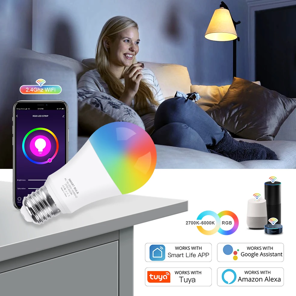 

WiFi Smart Home LED Bulb RGB CW E27 LED Lamp Voice Control Color Changes Dimmable Work With Amazon Alexa Google Tuya Smart Life