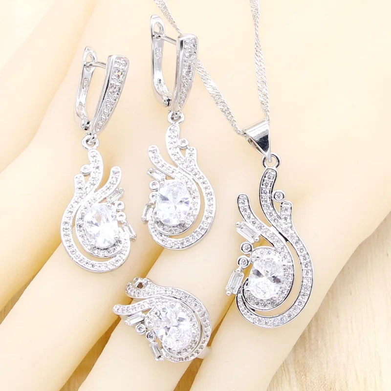 3pcs No bracelet Белый AAA Цирконий 925 Серебряный свадебный ювелирный набор для женщин браслет серьги ожерелье кулон кольцо подарок на день рождения свадьбу - Окраска металла: 3pcs No bracelet