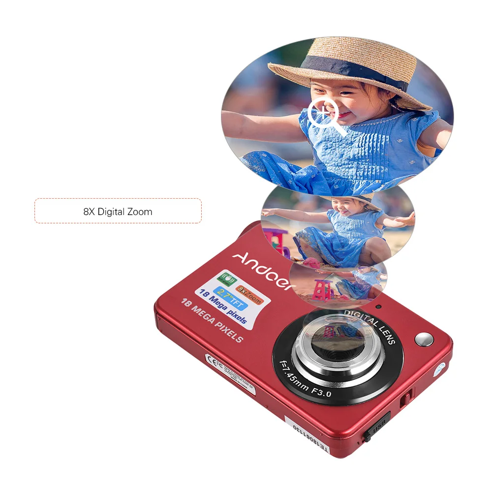 Цифровая видеокамера Andoer 720P HD с перезаряжаемыми батареями 8 кратный зум функция