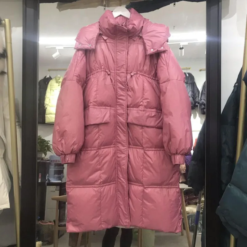

New Women 90% White Duck Down Jacket Korean Fashion Loose Thicken Warm Hodded Puffy Winter Parkas Long Coat s1831