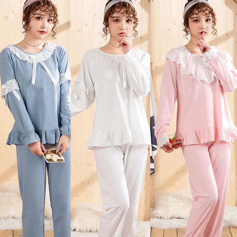 Женский пижамный комплект с длинным рукавом теплый хлопковый для сна удобная