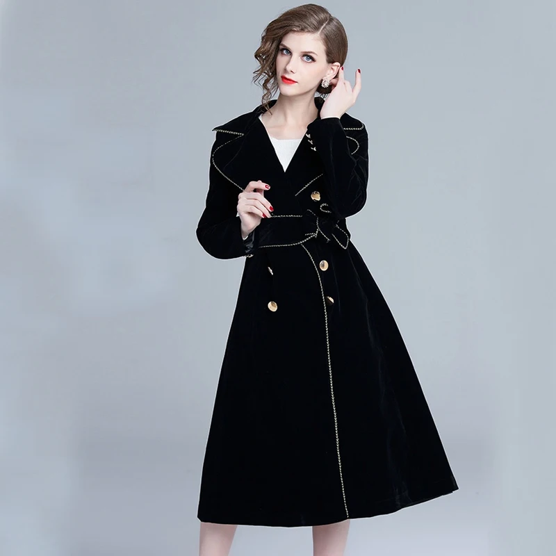 

Женское винтажное пальто-макси с запахом и отложным воротником, плотный теплый длинный тренчкот, верхняя одежда, новое черное бархатное пал...